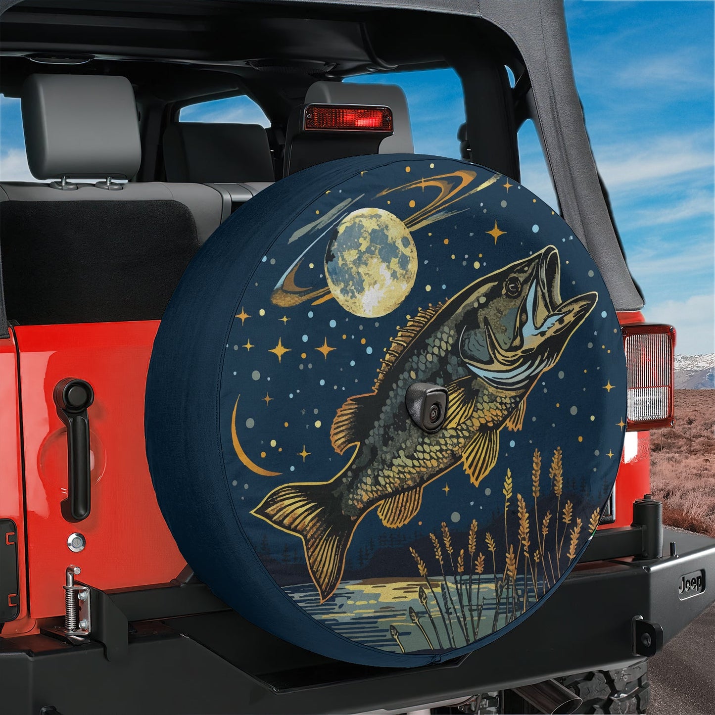 a tire cover with a picture of a fish on it