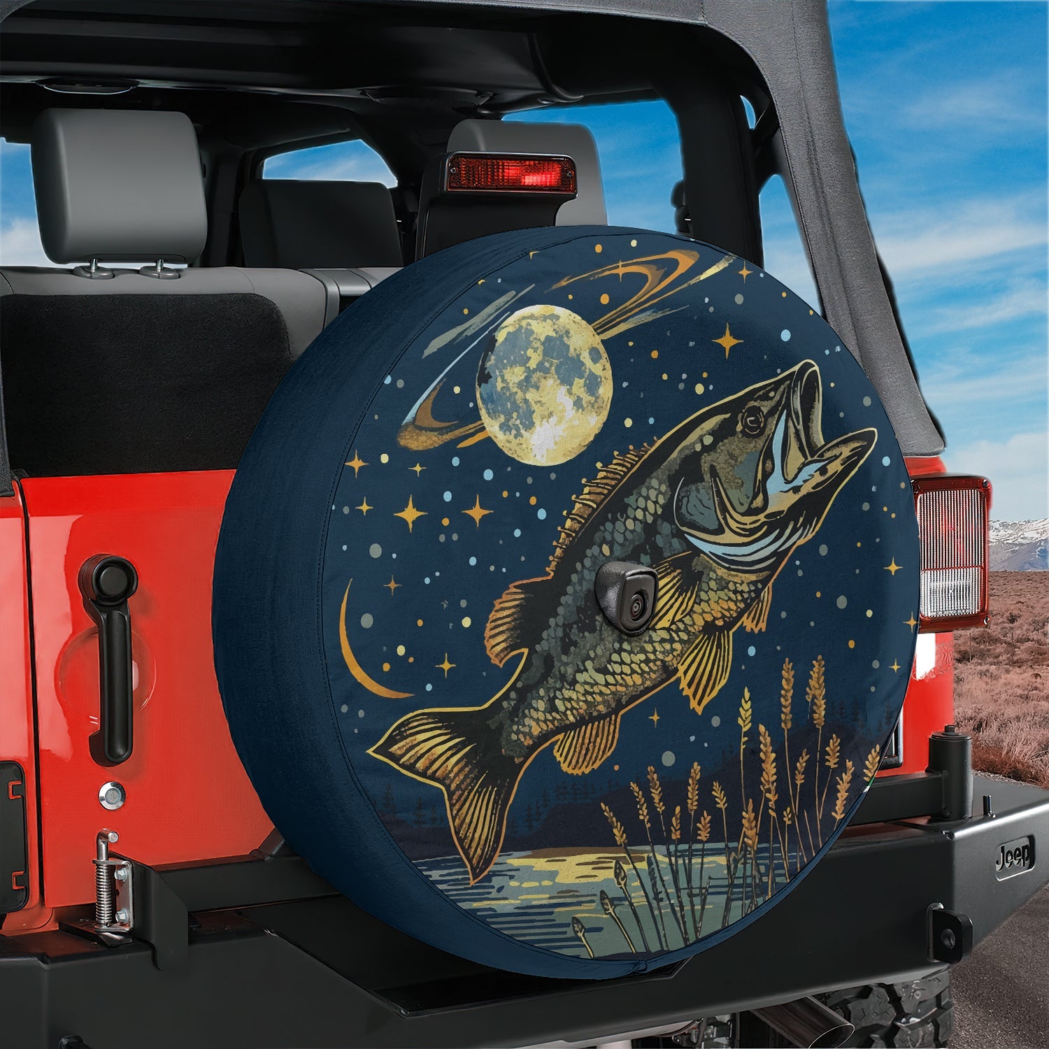 a tire cover with a picture of a fish on it