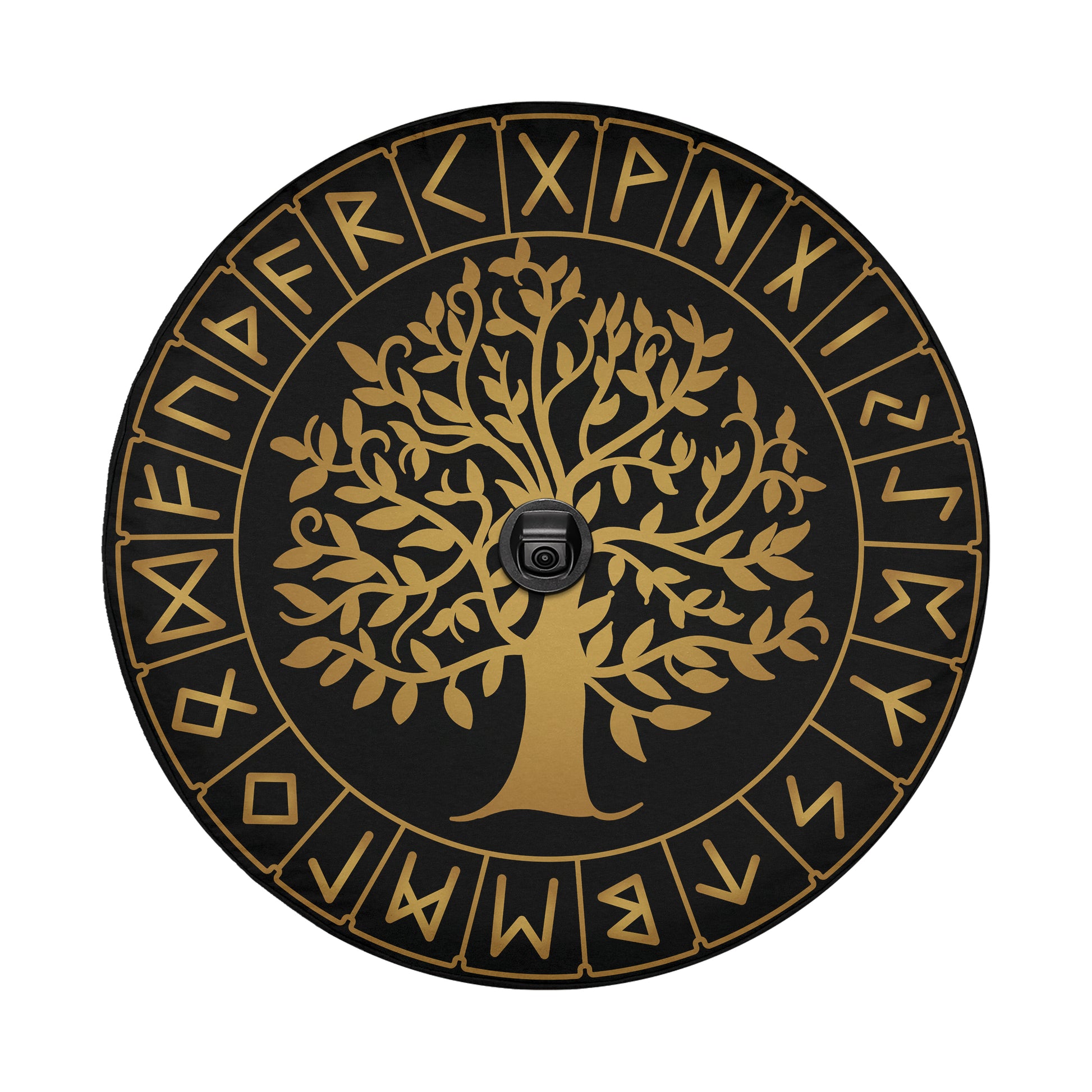 a black and gold circle with a tree of life on it