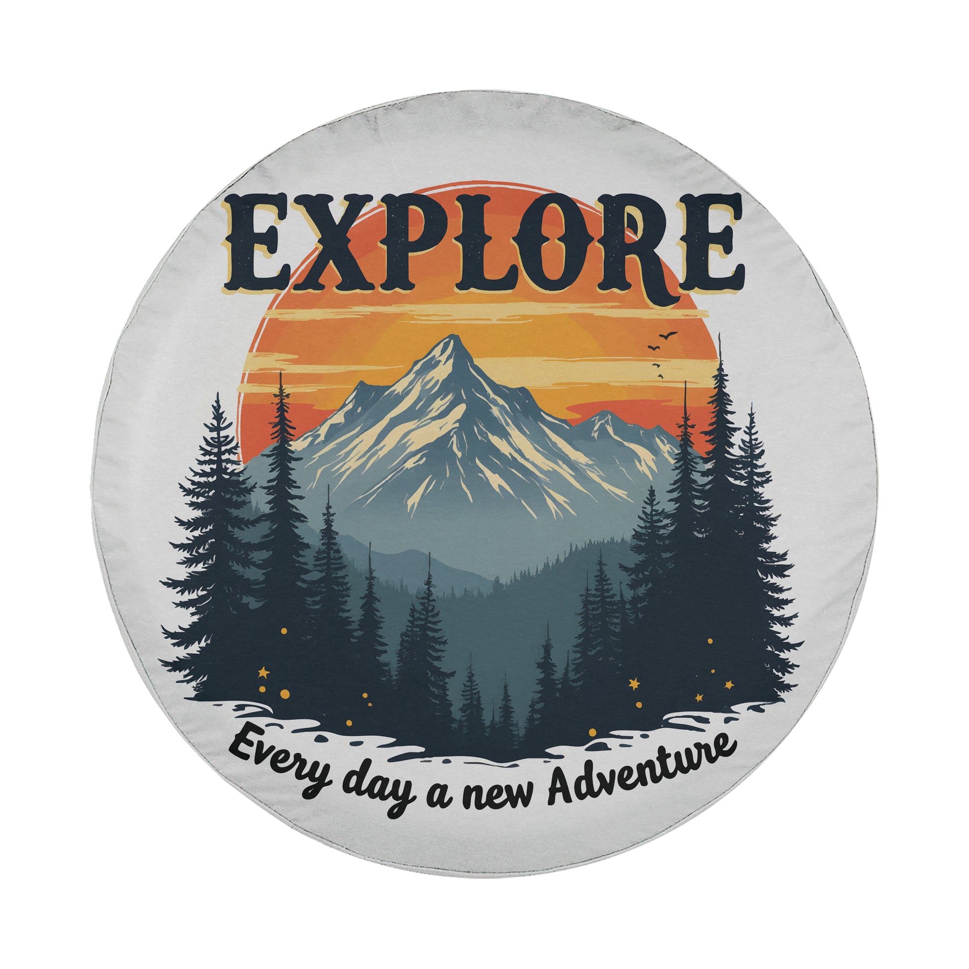 a mountain landscape with pine trees and a sunset in the background. The text "EXPLORE Every day a new adventure" is displayed above the mountain and pine trees.