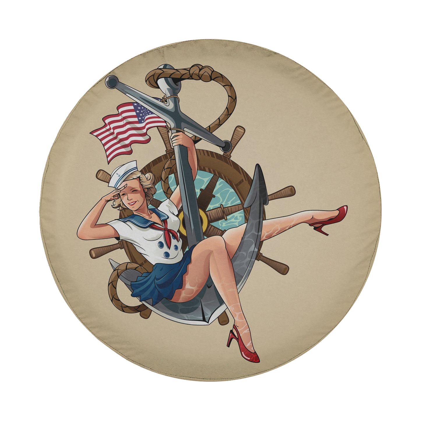 A woman wearing a sailor's outfit is depicted in a vintage-style illustration, holding a large anchor and surrounded by nautical elements.