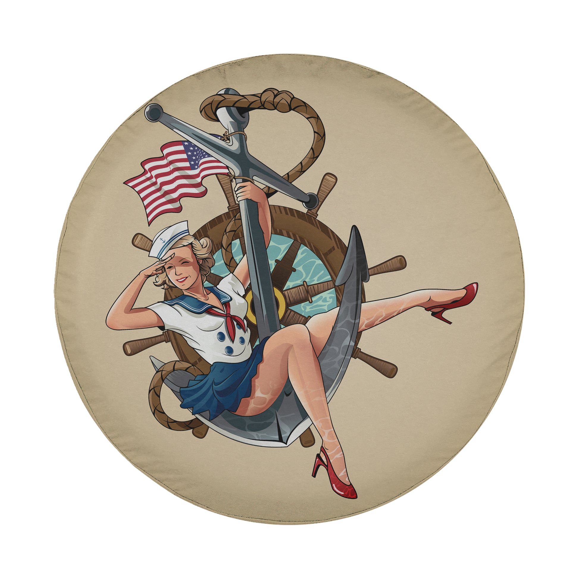 A woman wearing a sailor's outfit is depicted in a vintage-style illustration, holding a large anchor and surrounded by nautical elements.