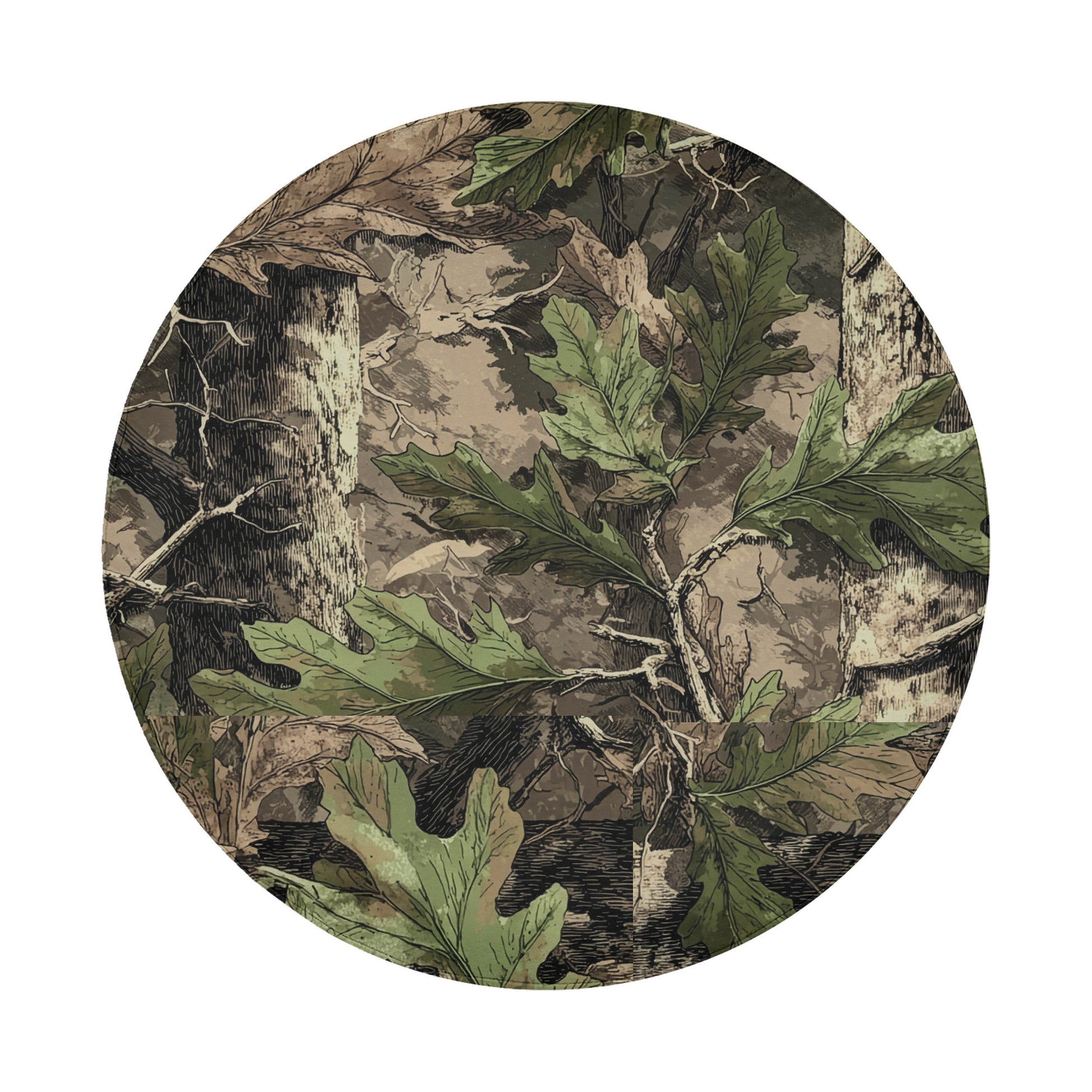 The image is a camouflage pattern featuring various shades of green leaves and branches, creating a natural and intricate design.