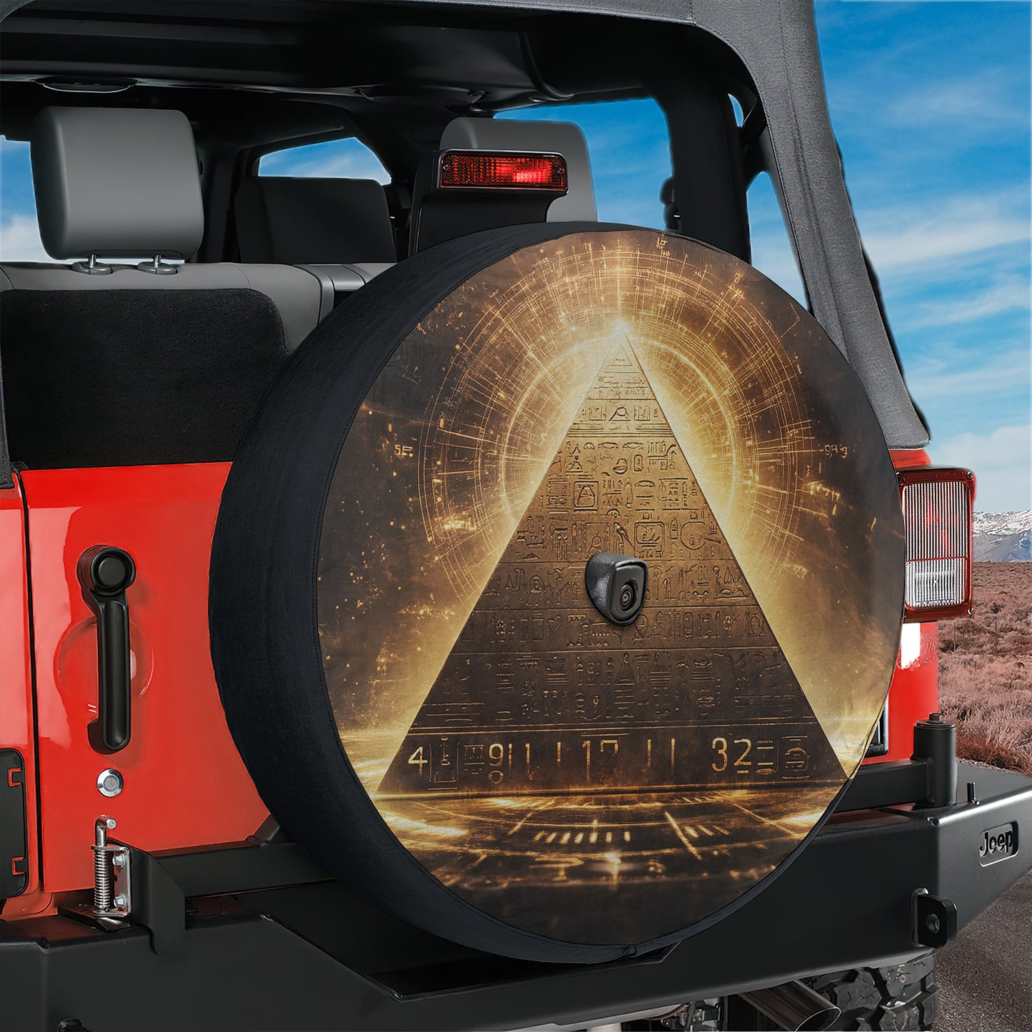 a large, round spare tire with an artistic design on it, including a pyramid-like structure and various numbers and symbols.