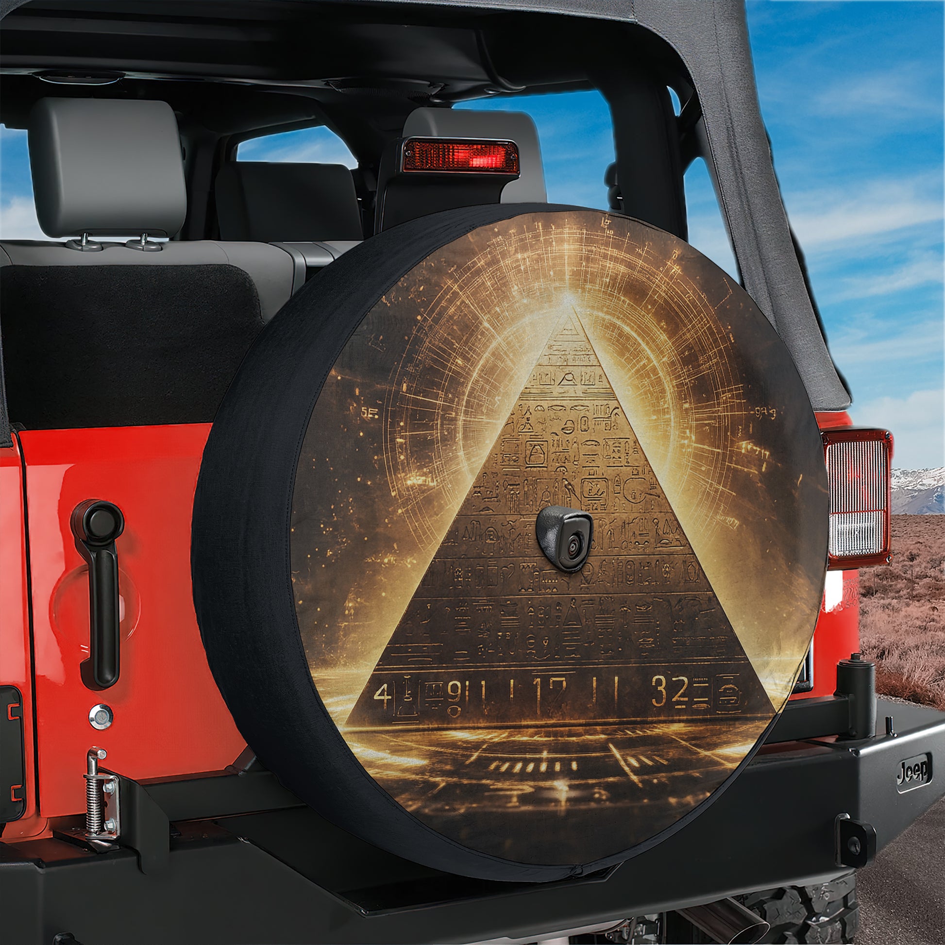 a large, round spare tire with an artistic design on it, including a pyramid-like structure and various numbers and symbols.