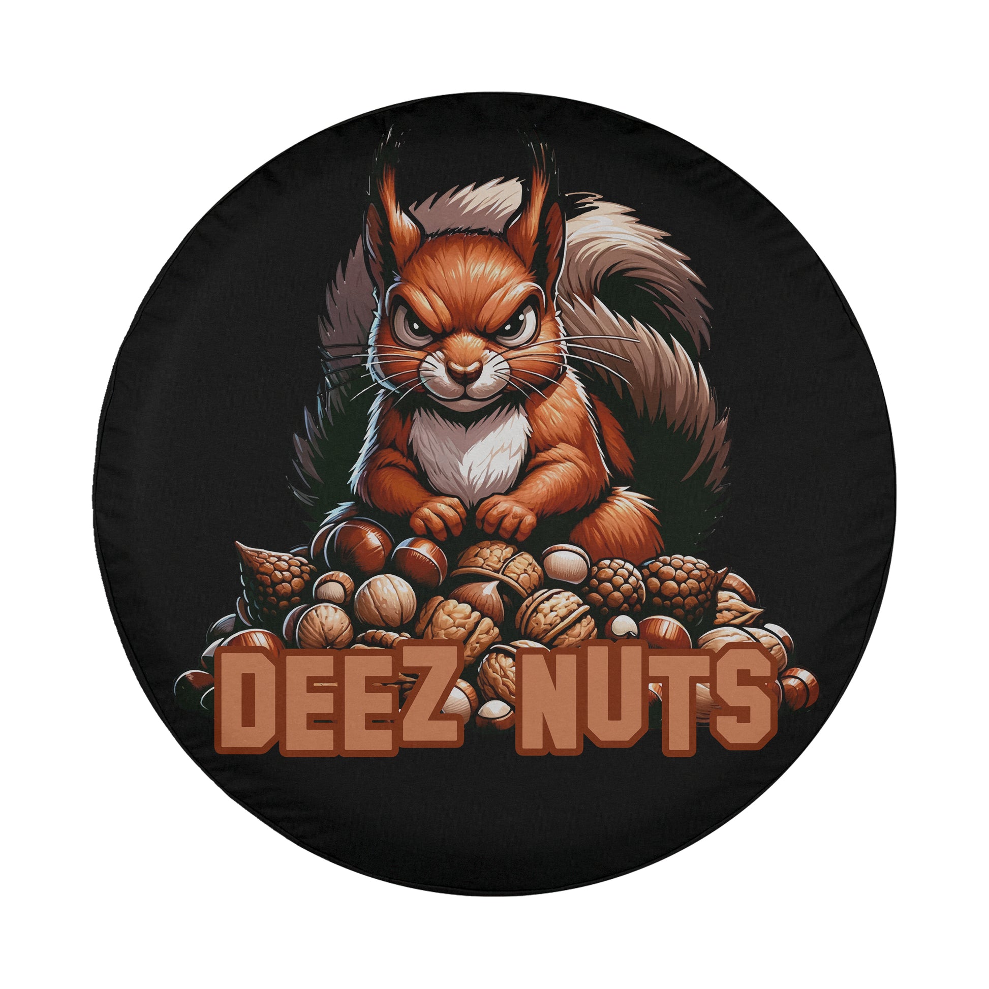 A cartoon squirrel sitting on a pile of acorns with the text "DEEZ NUTS" below it.
