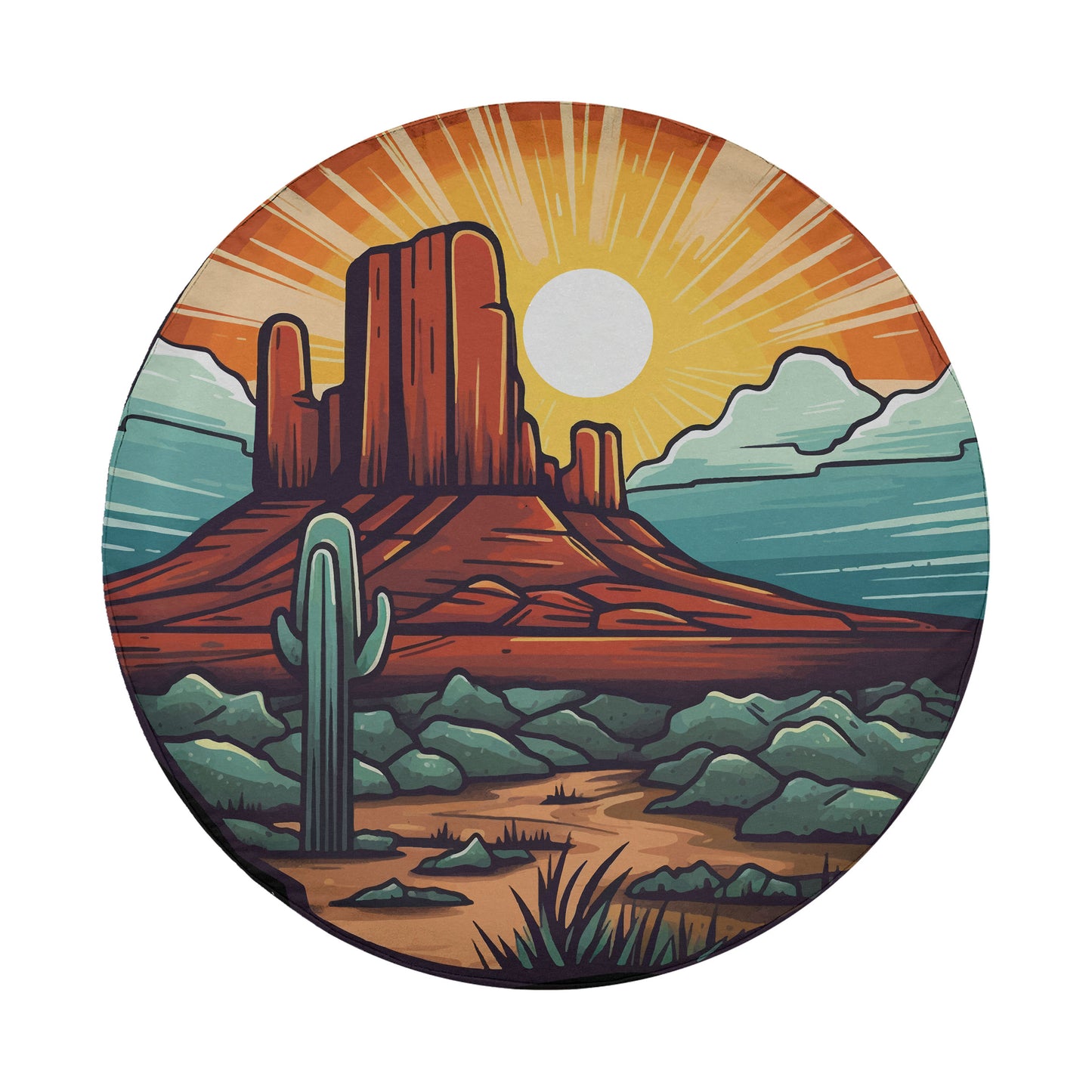 A circular illustration depicting a desert landscape with a large rock formation, a cactus, and a bright sun in the sky.