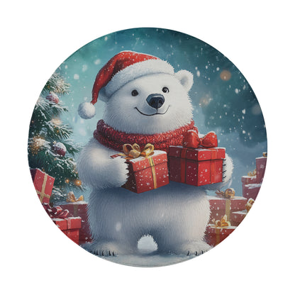 A white polar bear wearing a Santa hat and scarf is holding two red gift boxes, surrounded by a snowy winter scene with a Christmas tree in the background.