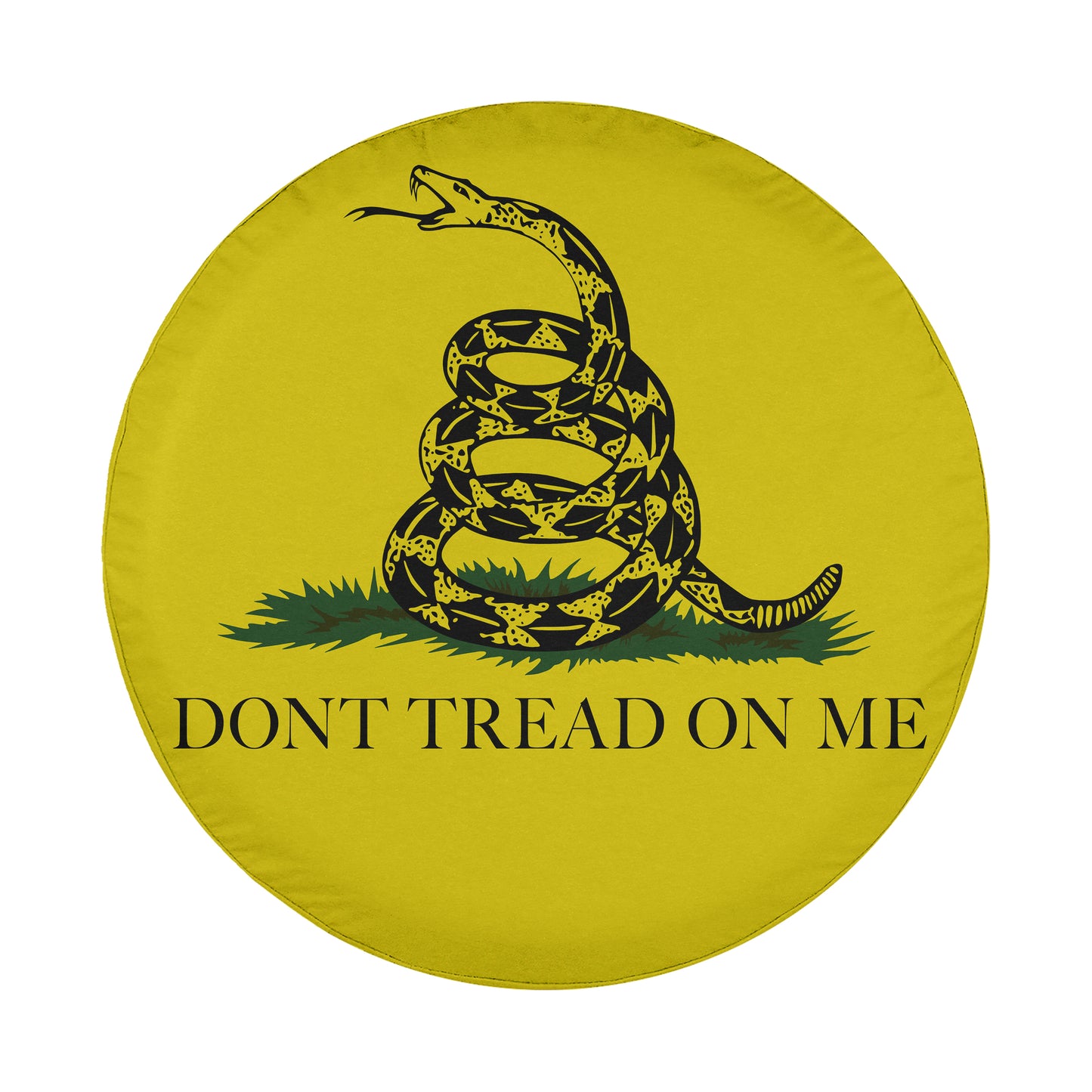 A yellow circle with a black and yellow snake design and the text "DON'T TREAD ON ME" printed on it.