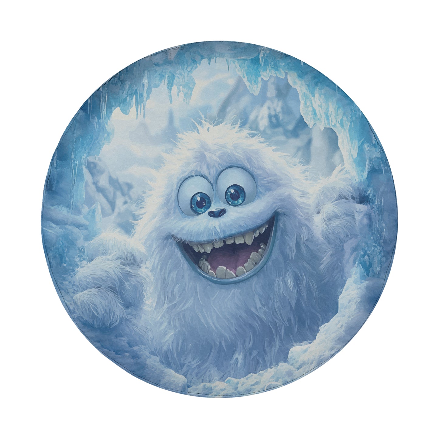 A large, fluffy white monster with blue eyes and a wide, toothy grin is the main focus of the image.