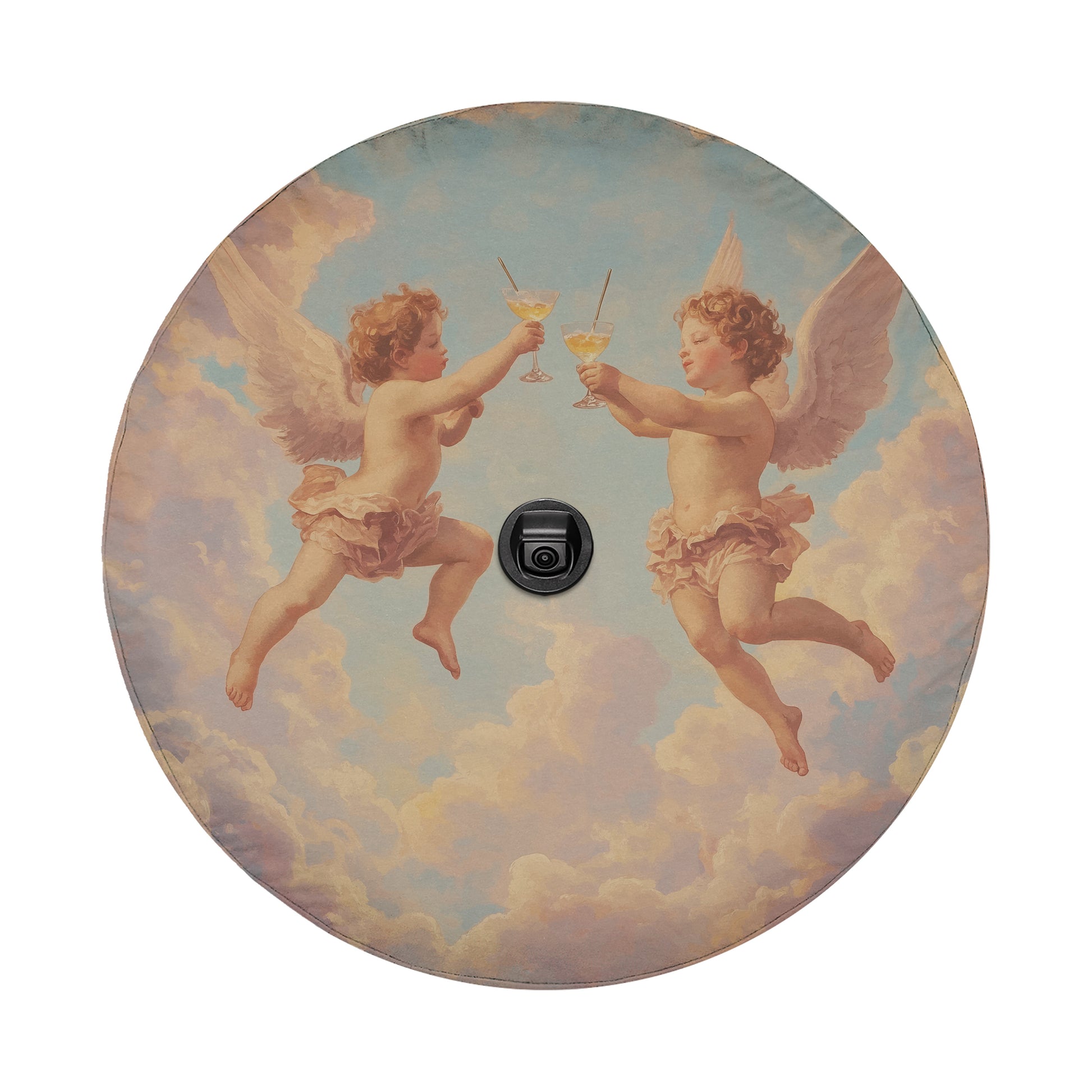 two cherubs holding glasses of wine and toasting with their hands, set against a cloudy sky background.
