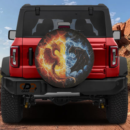 A red Jeep Wrangler with a large, eye-catching wheel cover featuring a dragon and phoenix design.
