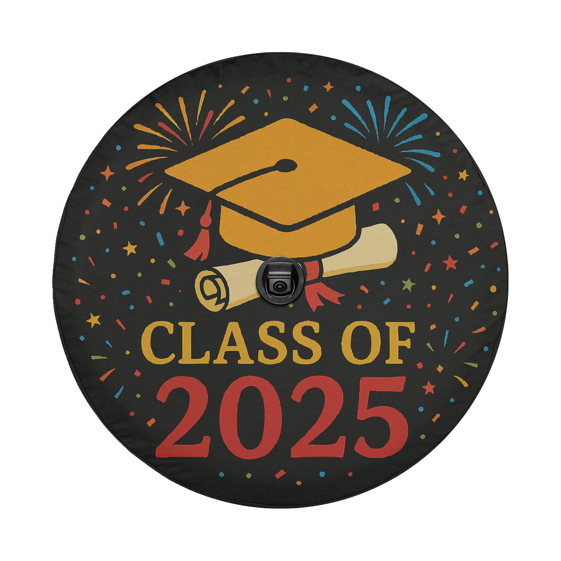 The image is a graduation cap and mortarboard with the text "CLASS OF 2025" and colorful fireworks in the background.