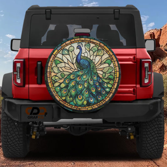 a red Jeep Wrangler with a large, colorful stained glass-style decal of a peacock on the rear window.