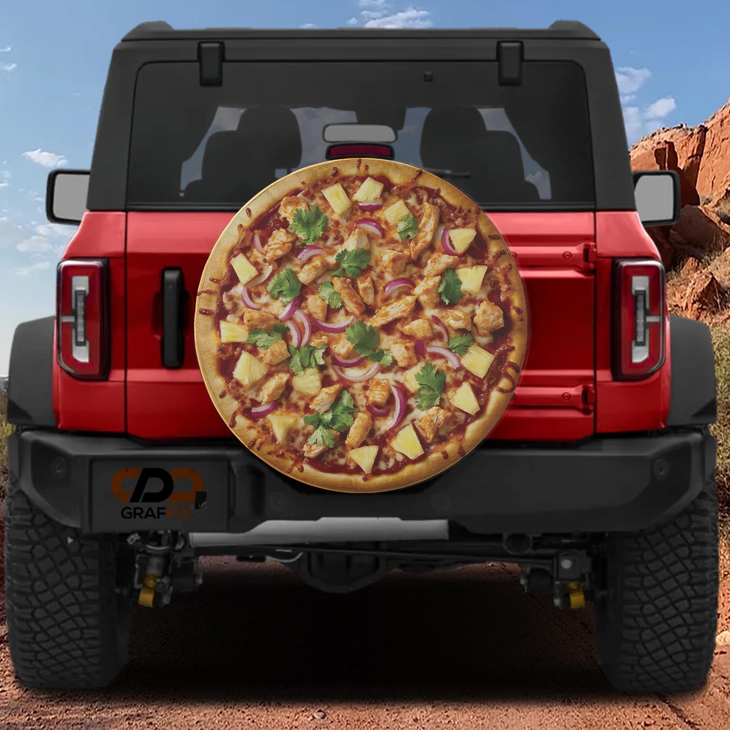 a red Jeep Wrangler with a large pizza decal on the rear window.