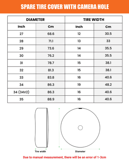 a table with tire dimensions and corresponding tire widths, along with a diagram of a tire cover with a camera hole. The table provides the tire size and width in both inches and centimeters, and the diagram depicts the tire cover with a camera hole. Due to the image's content, there will be an error of 1-3 cm in the tire width.