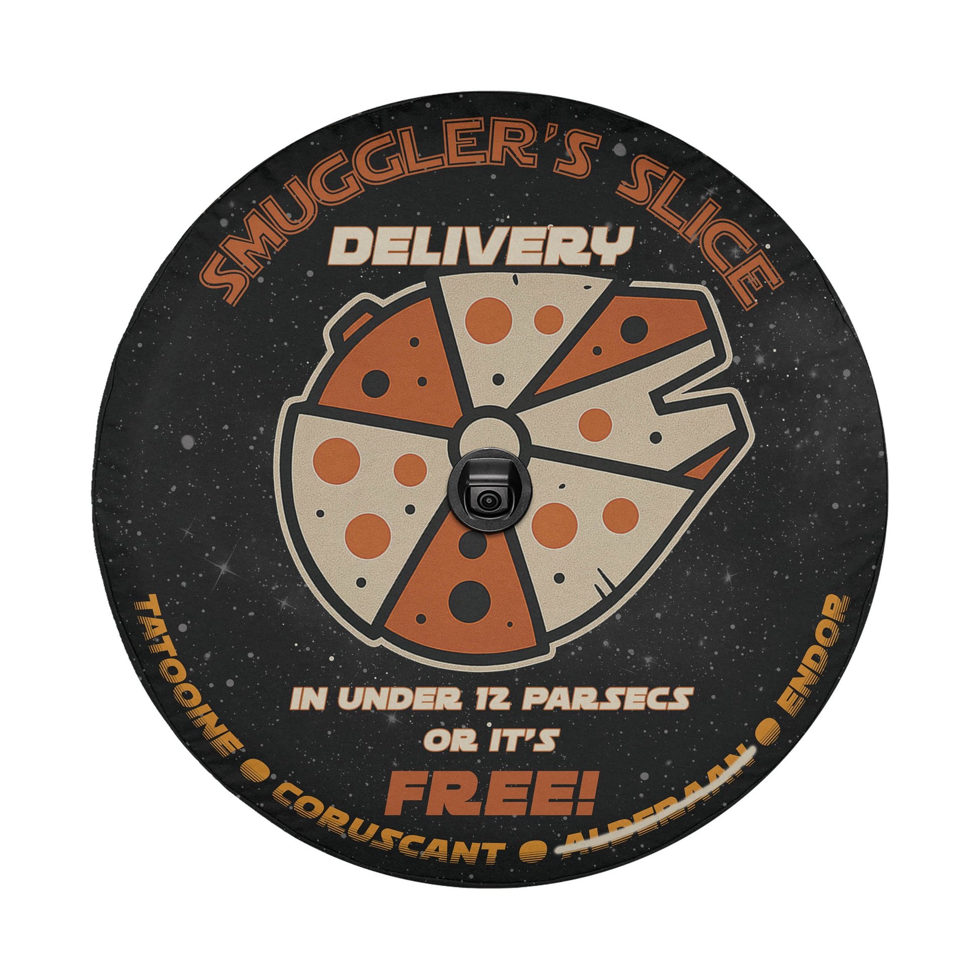 The image is a circular advertisement featuring a stylized depiction of a pizza slice with the text "SMUGGLER'S SLICE DELIVERY" and "IN UNDER 12 PARSECS OR IT'S FREE!"