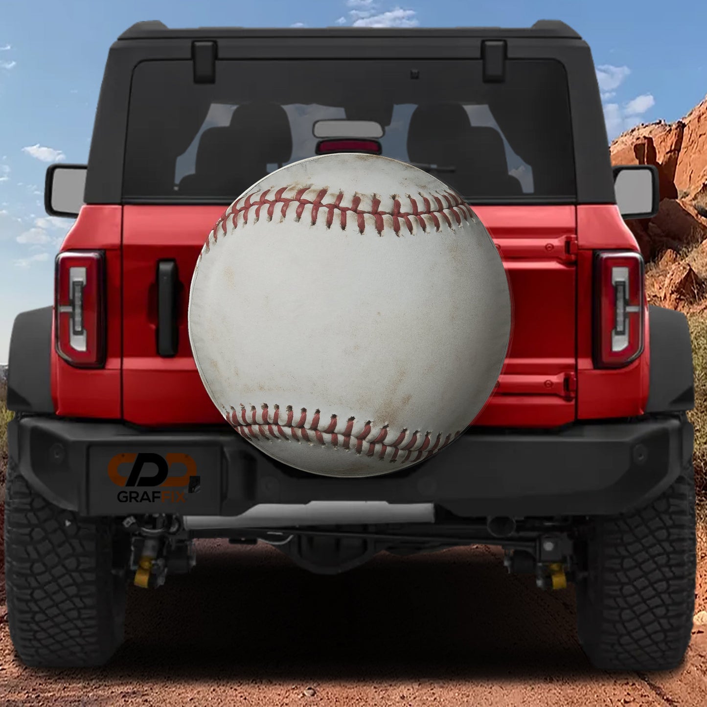 a red truck with a baseball on the back of it