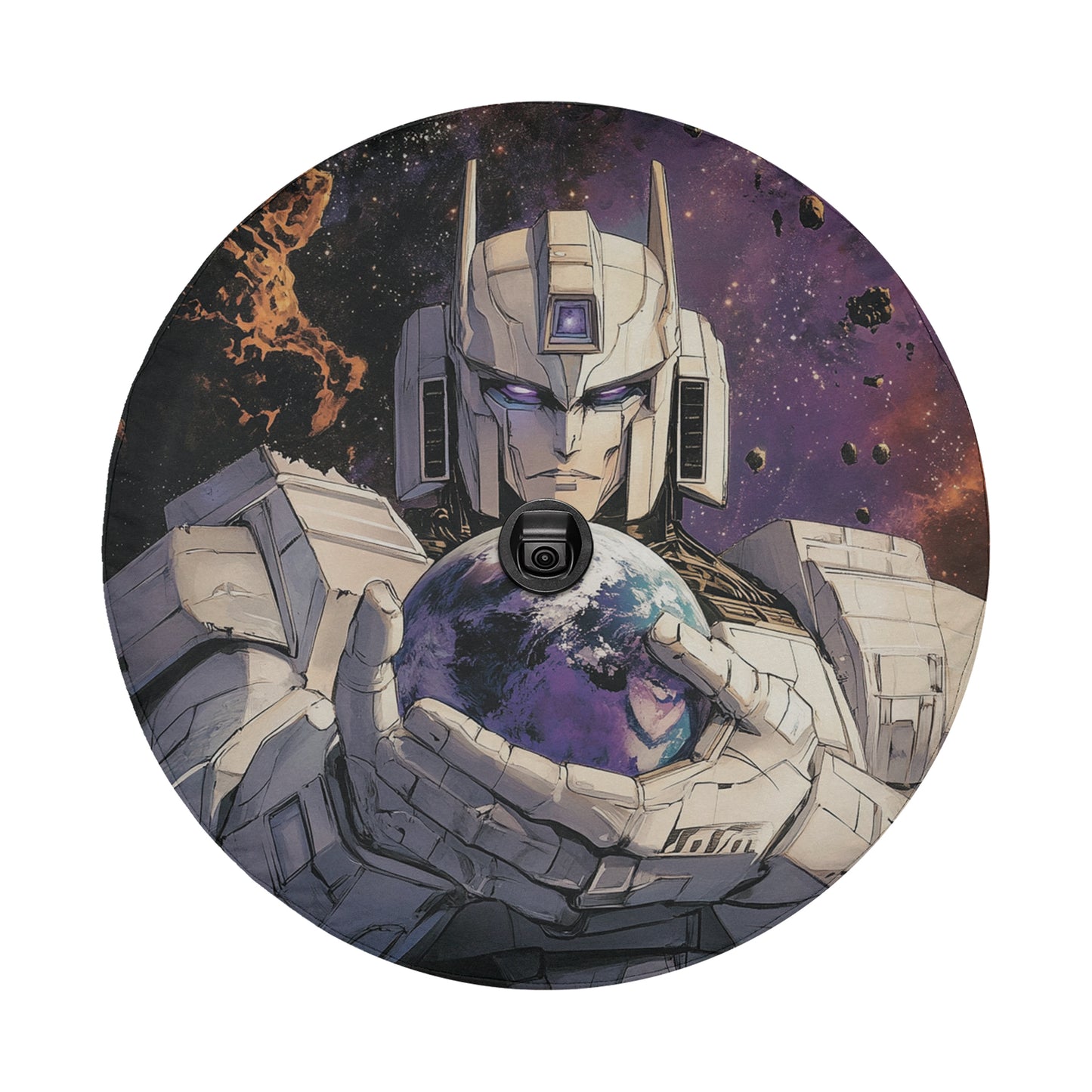 a circular picture of a robot holding a planet