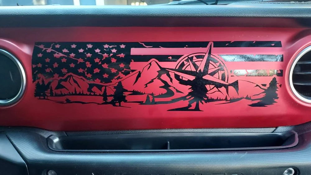 Mountain Compass With Tattered American Flag Dashboard Vinyl Decal - Fits 2018+ Jeep Wrangler JL/Jeep Gladiator JT