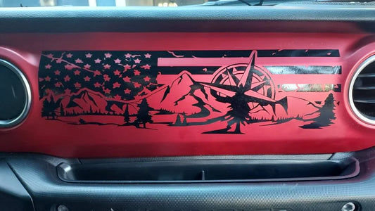 Mountain Compass With Tattered American Flag Dashboard Vinyl Decal - Fits 2018+ Jeep Wrangler JL/Jeep Gladiator JT