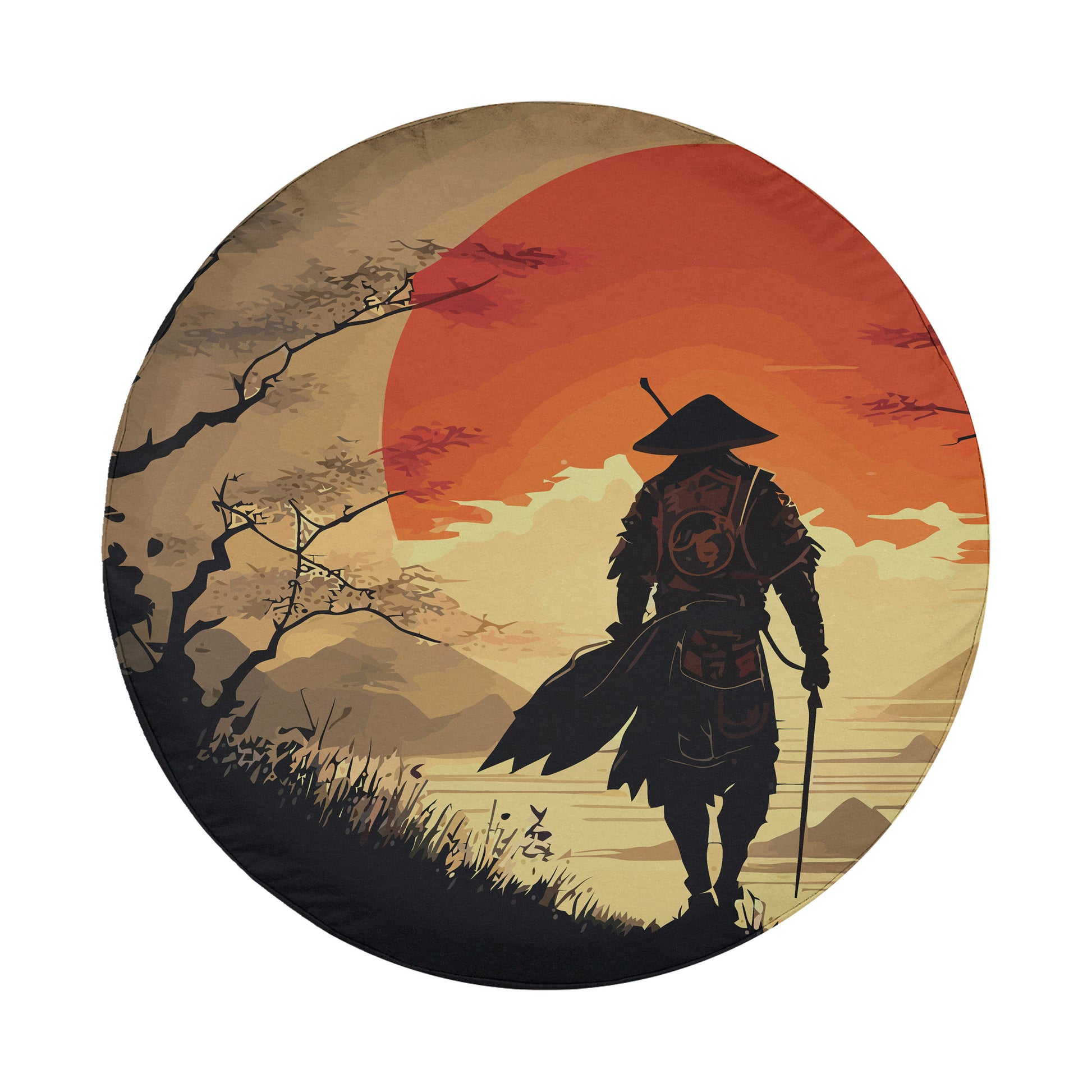A silhouetted figure of a warrior standing on a hill, holding a sword and shield, against a backdrop of a large orange sun and a mountainous landscape.