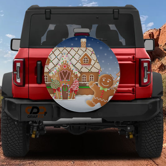 a red Jeep Wrangler with a gingerbread house decal on the rear window.