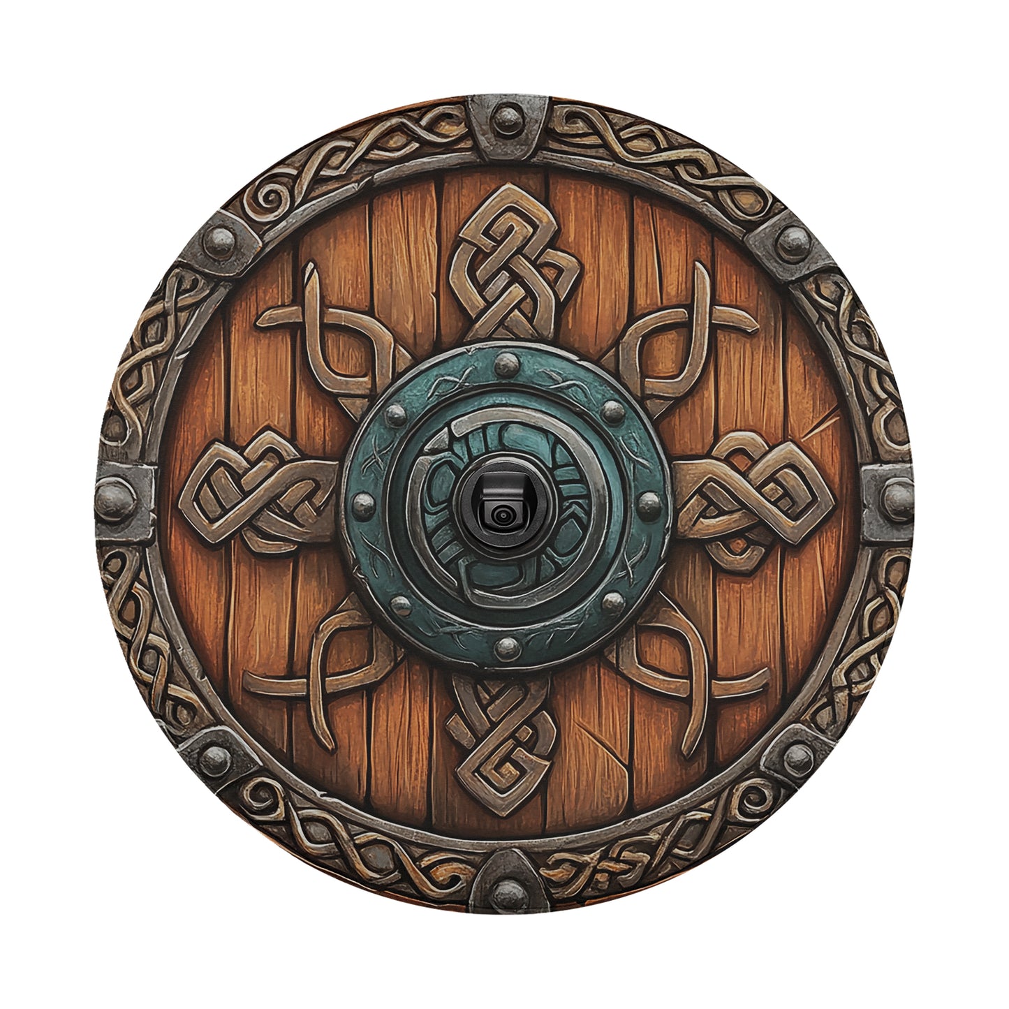 a wooden shield with intricate carvings and designs, including a central circular emblem with a blue background and a black camera.