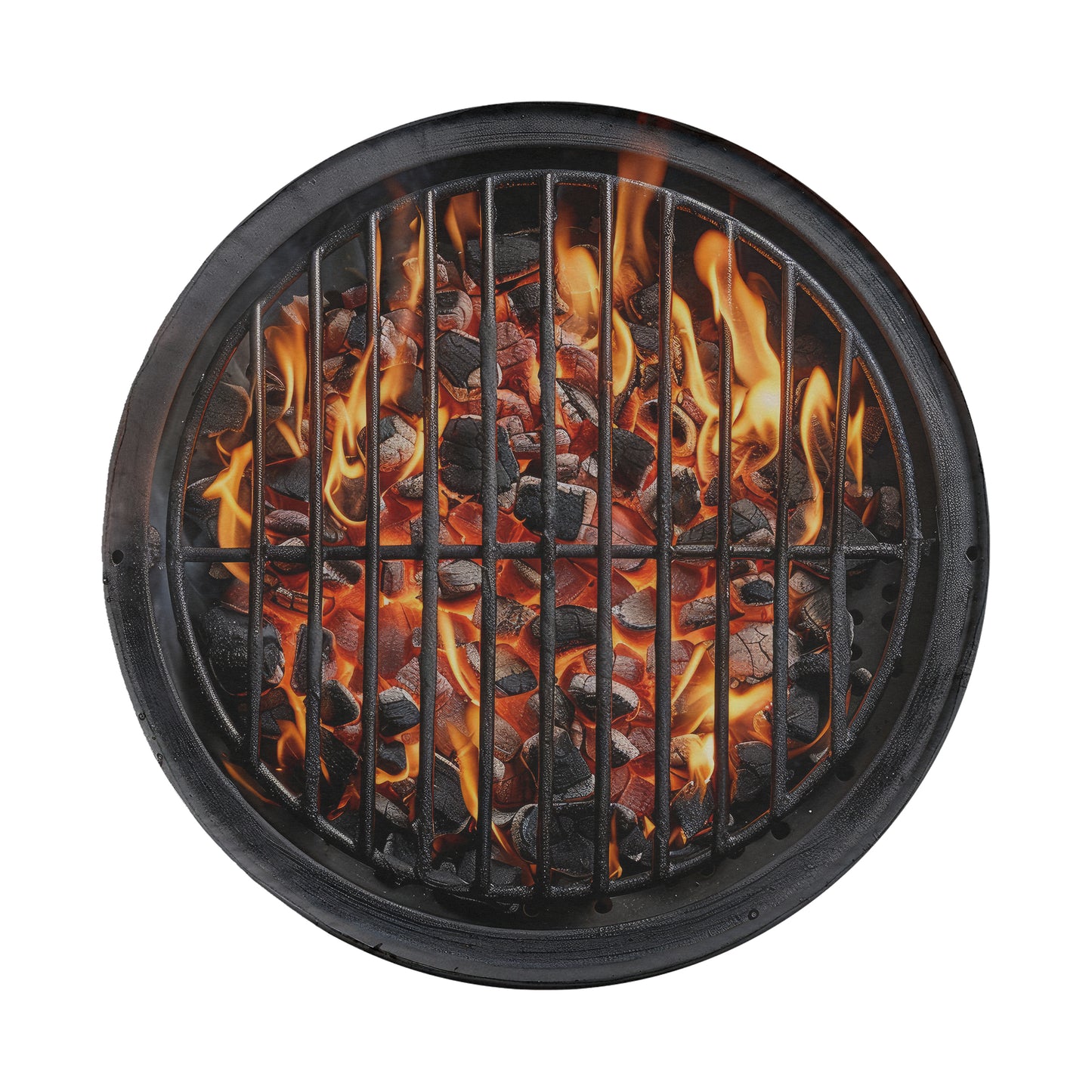 A round black grill with a fire burning inside, containing a mix of charcoal and flames.