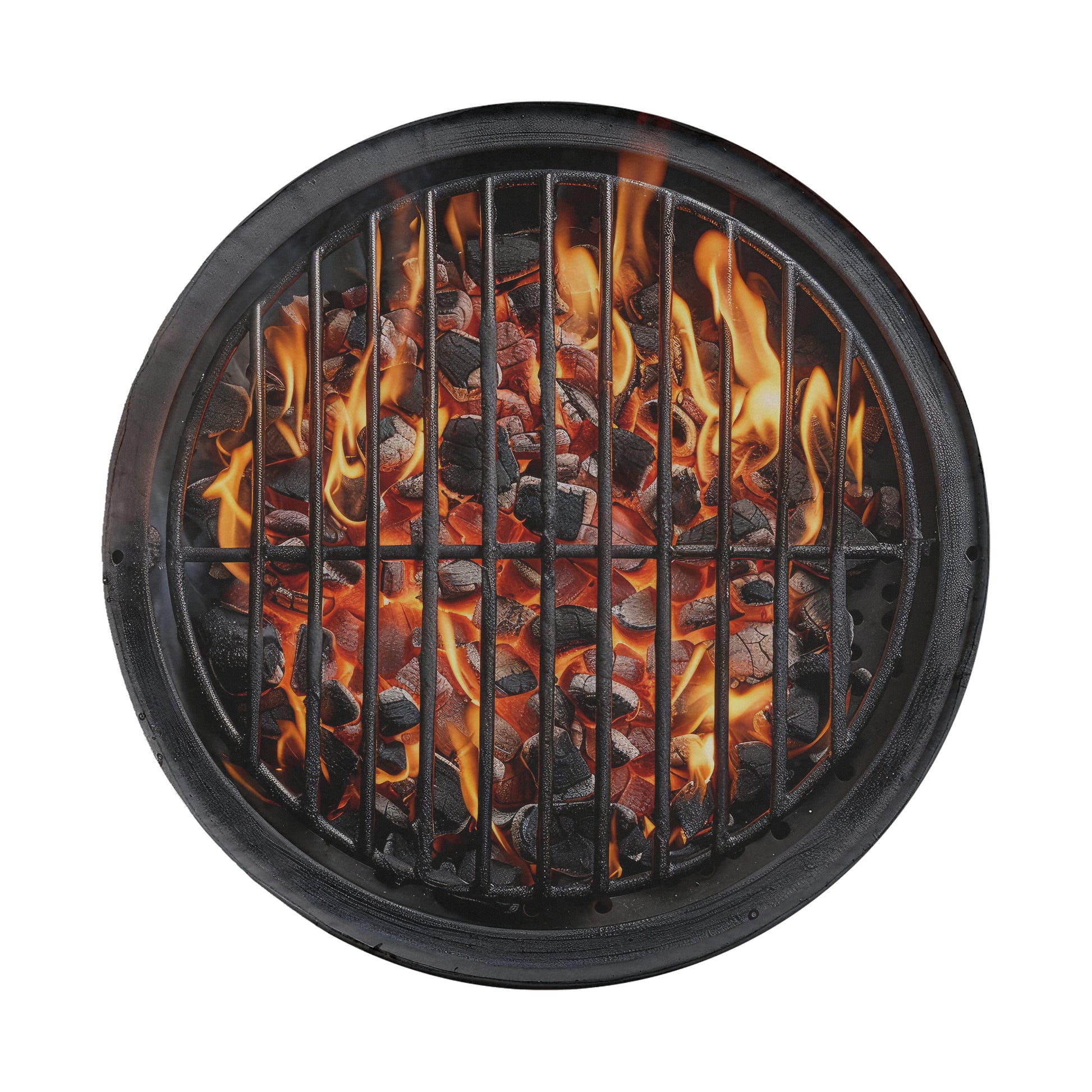 A round black grill with a fire burning inside, containing a mix of charcoal and flames.