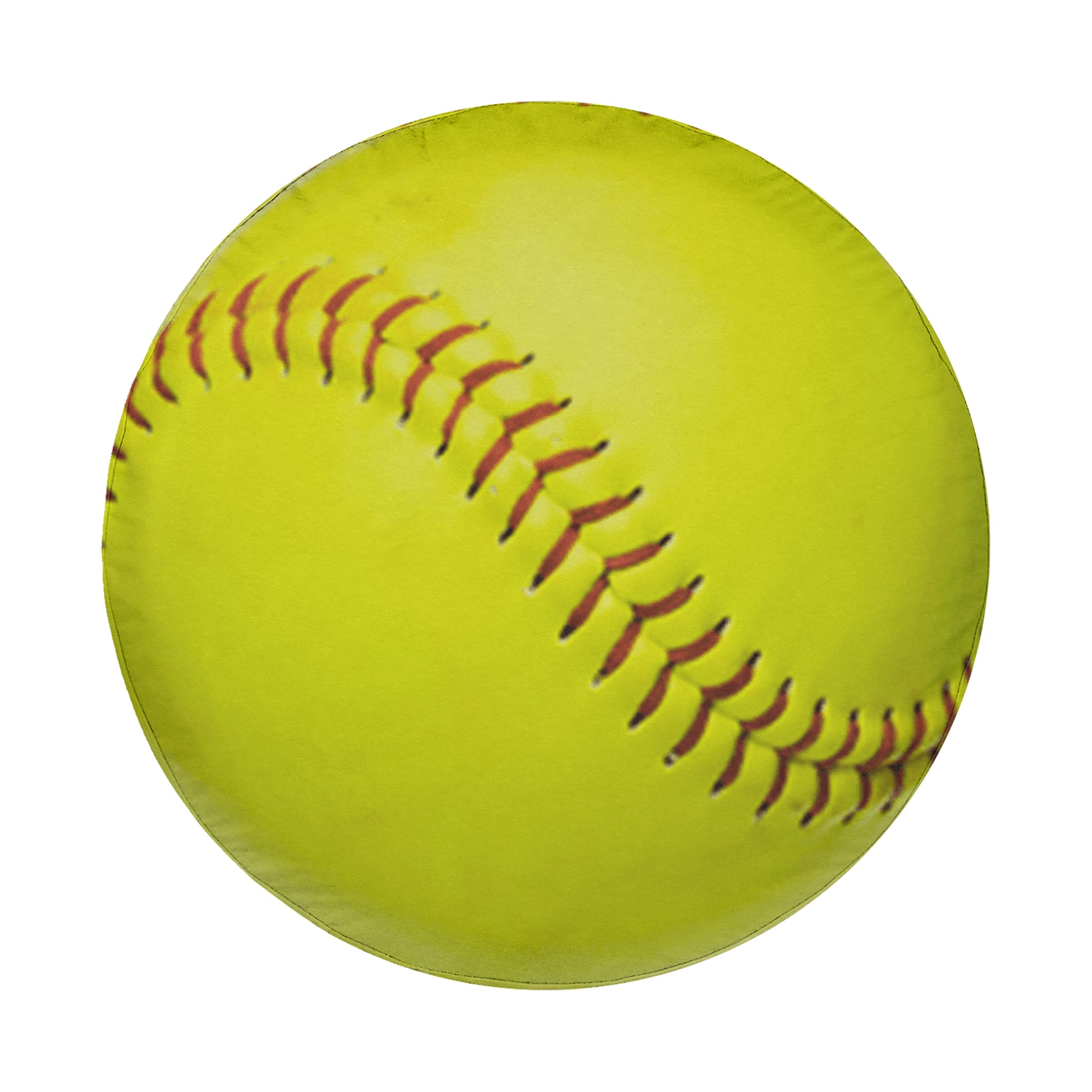 A yellow softball with red stitching on a white background.