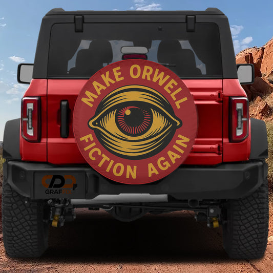 a red Jeep Wrangler with a large circular decal on the rear window that says "MAKE ORWELL FICTION AGAIN".