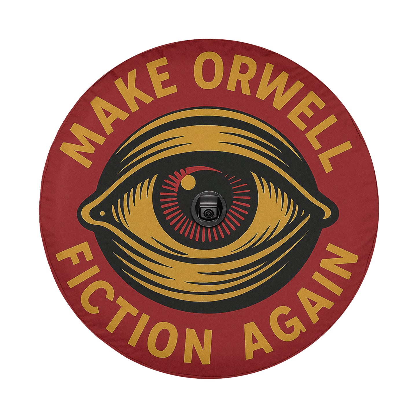 a circular logo with a large eye design and the text "Make Orwell Fiction Again" around it.