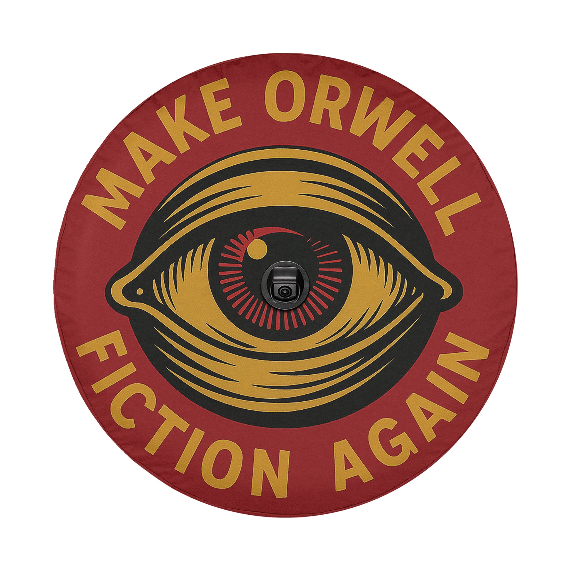 a circular logo with a large eye design and the text "Make Orwell Fiction Again" around it.