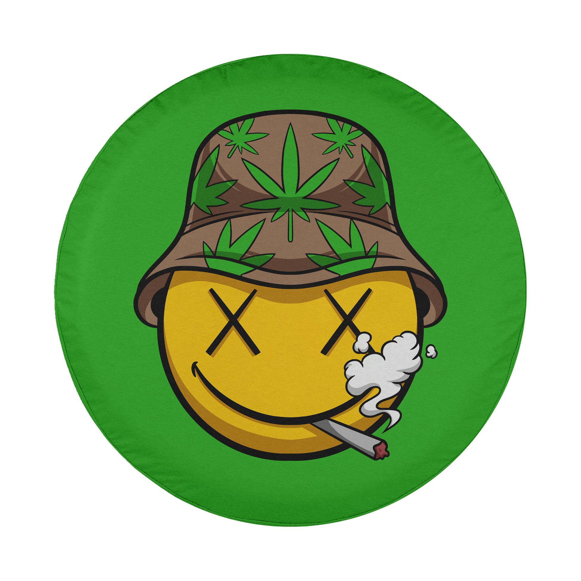 a green round plate with a smiley face wearing a hat and smoking a cigarette