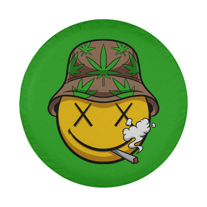 A yellow smiley face wearing a brown hat with green leaves, smoking a cigarette.