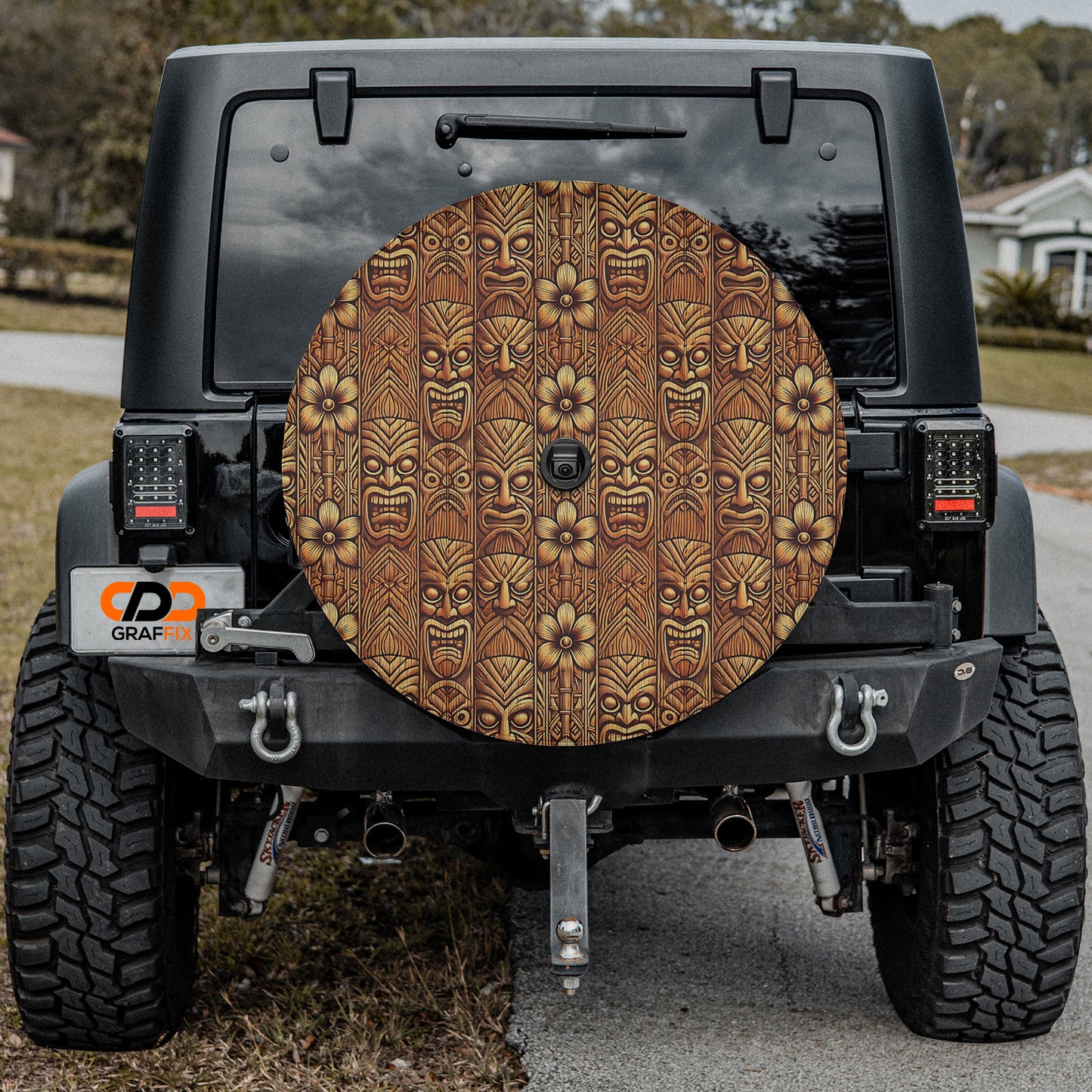 a jeep with a wooden design on the back of it