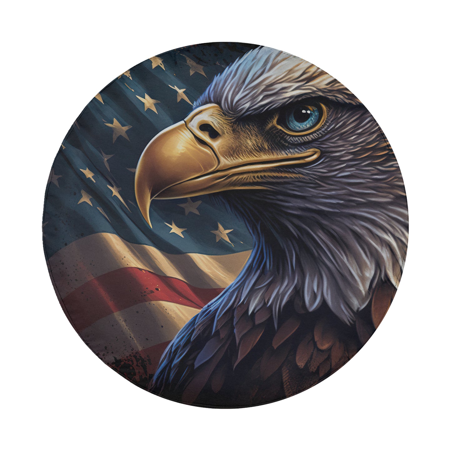 A close-up of a majestic bald eagle, its piercing gaze and powerful features prominently featured against the backdrop of the American flag.