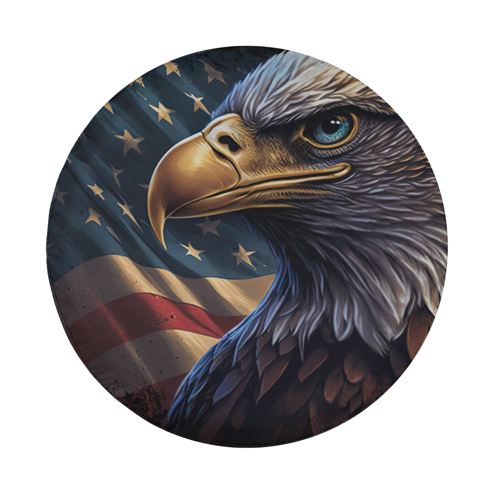 A close-up of a majestic bald eagle, its piercing gaze and powerful features prominently featured against the backdrop of the American flag.