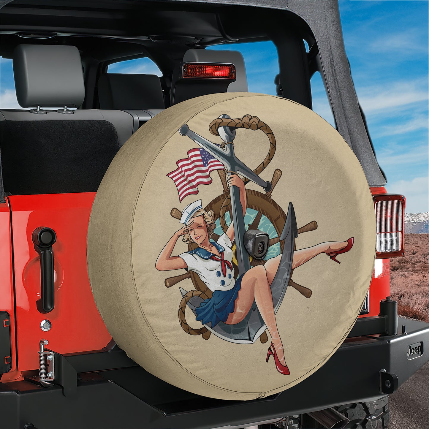 A woman wearing a sailor's outfit is depicted on a wheel cover, with an American flag and a ship's wheel visible in the background.