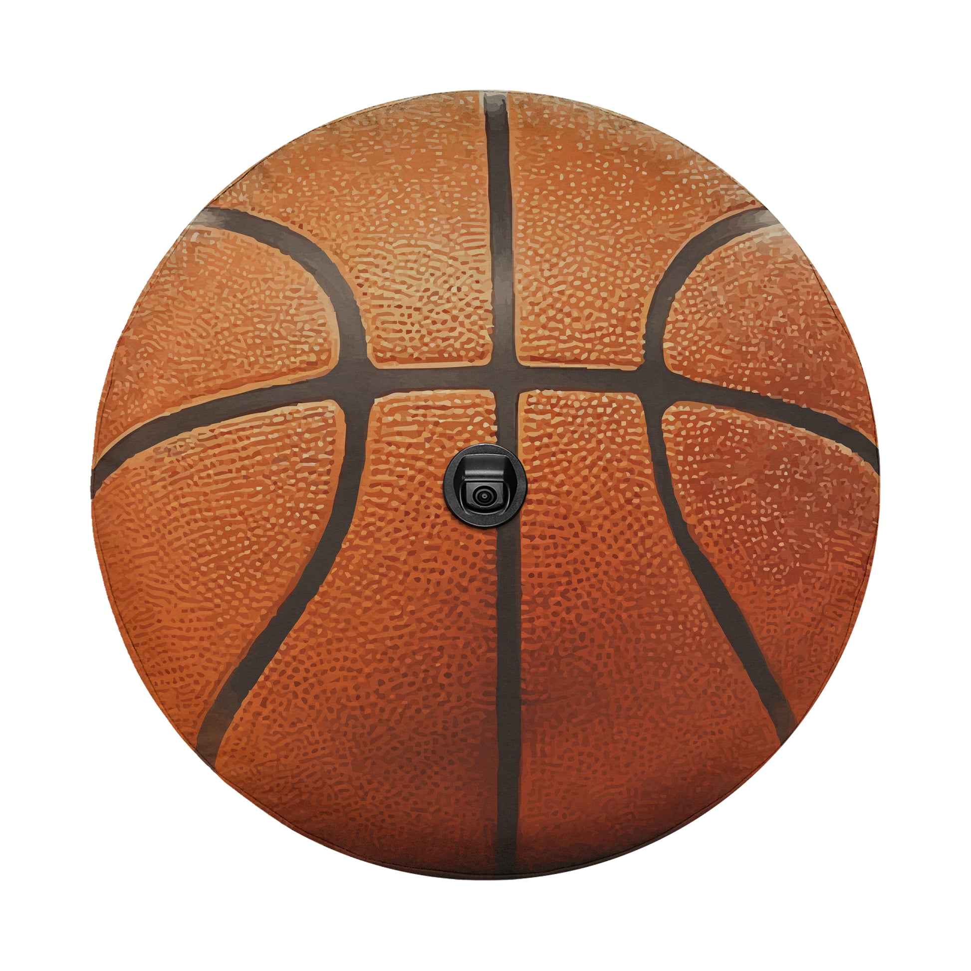 A close-up view of a basketball with a black camera attached to it.