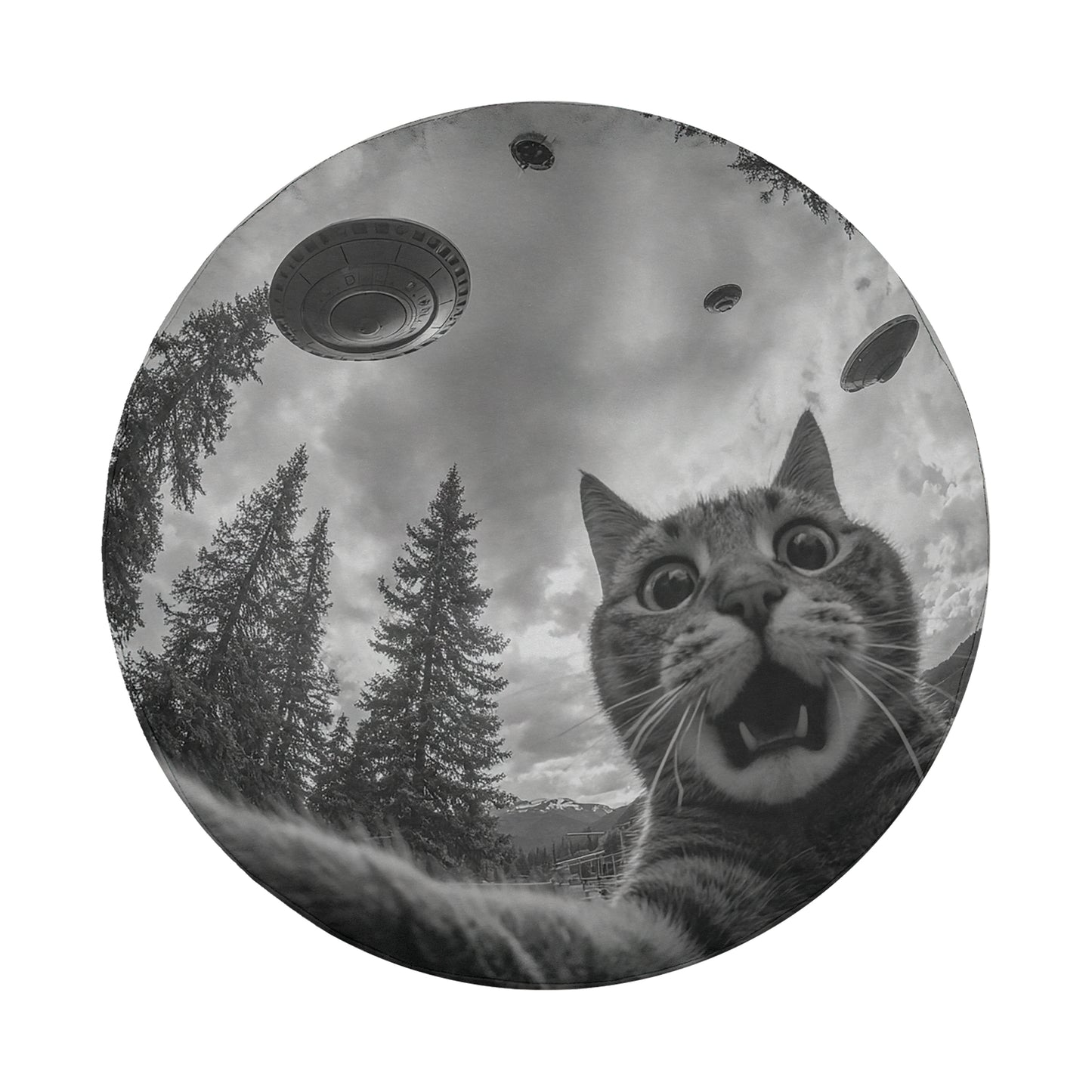 A black and white image of a cat with wide-open eyes, looking up at the sky, with several unidentified flying objects (UFOs) floating above it.