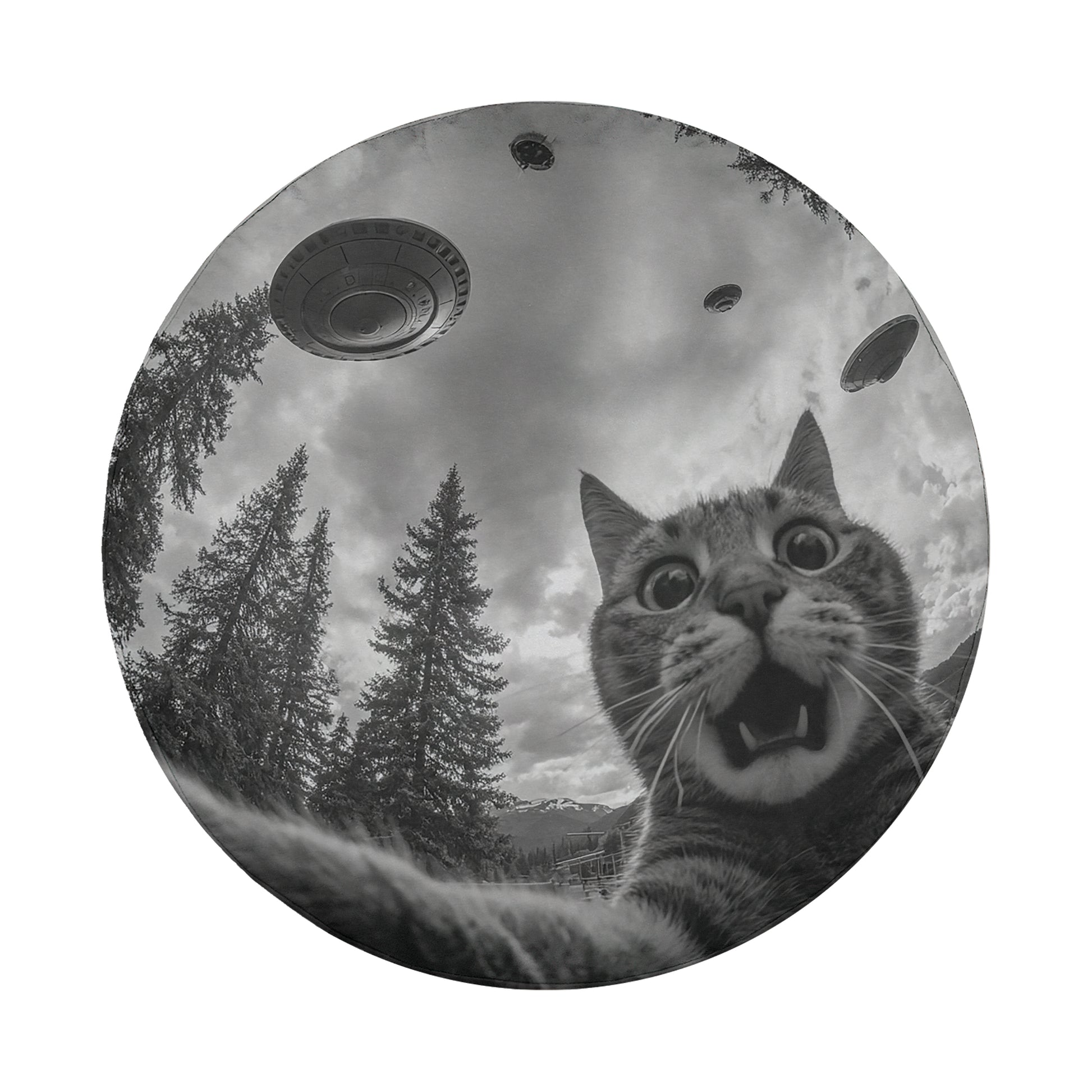 A black and white image of a cat with wide-open eyes, looking up at the sky, with several unidentified flying objects (UFOs) floating above it.