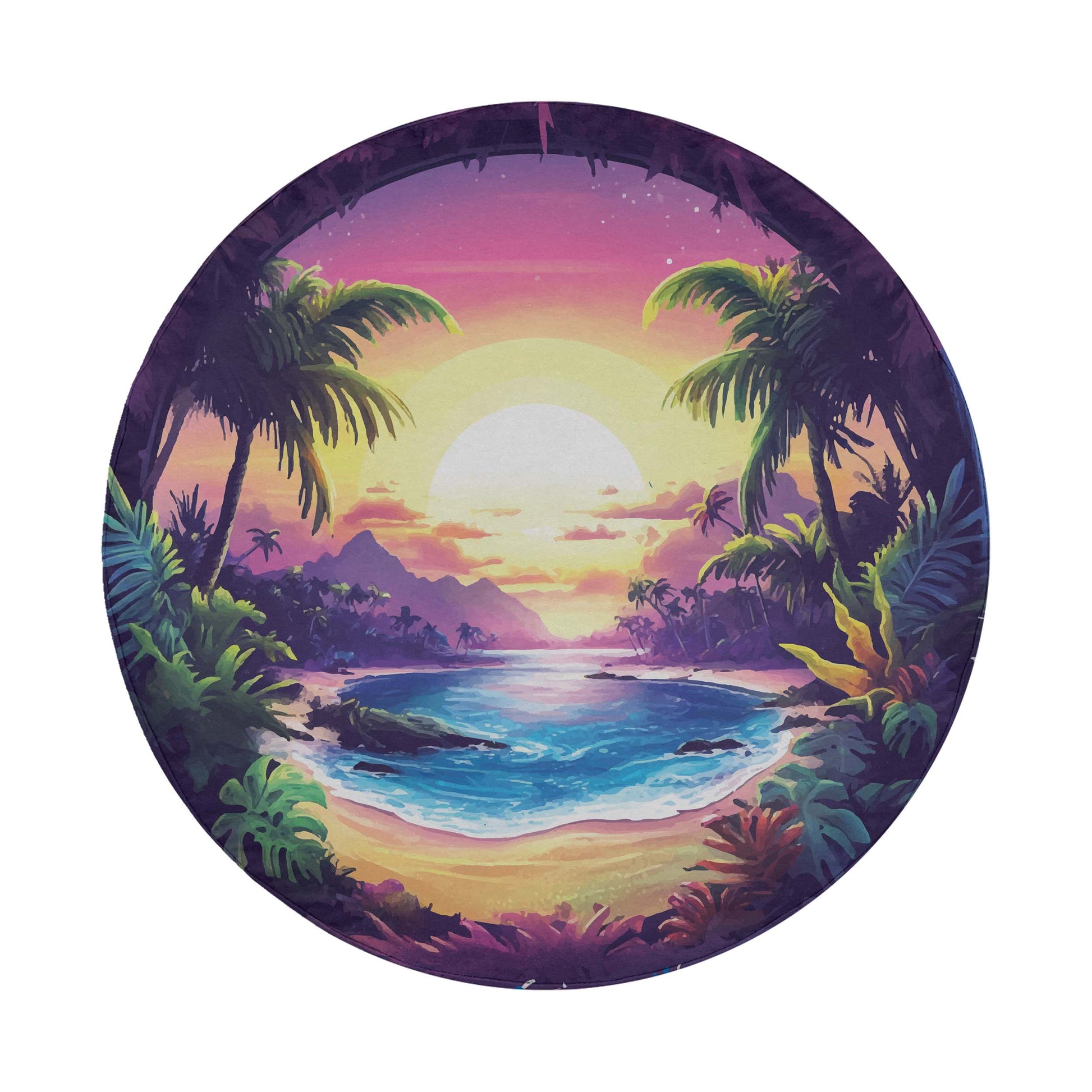 A circular illustration depicting a tropical beach scene with palm trees, a sunset over the ocean, and mountains in the distance.