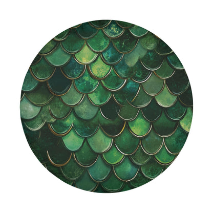 The image is a circular pattern of overlapping green scales, resembling the scales of a fish or sea creature.