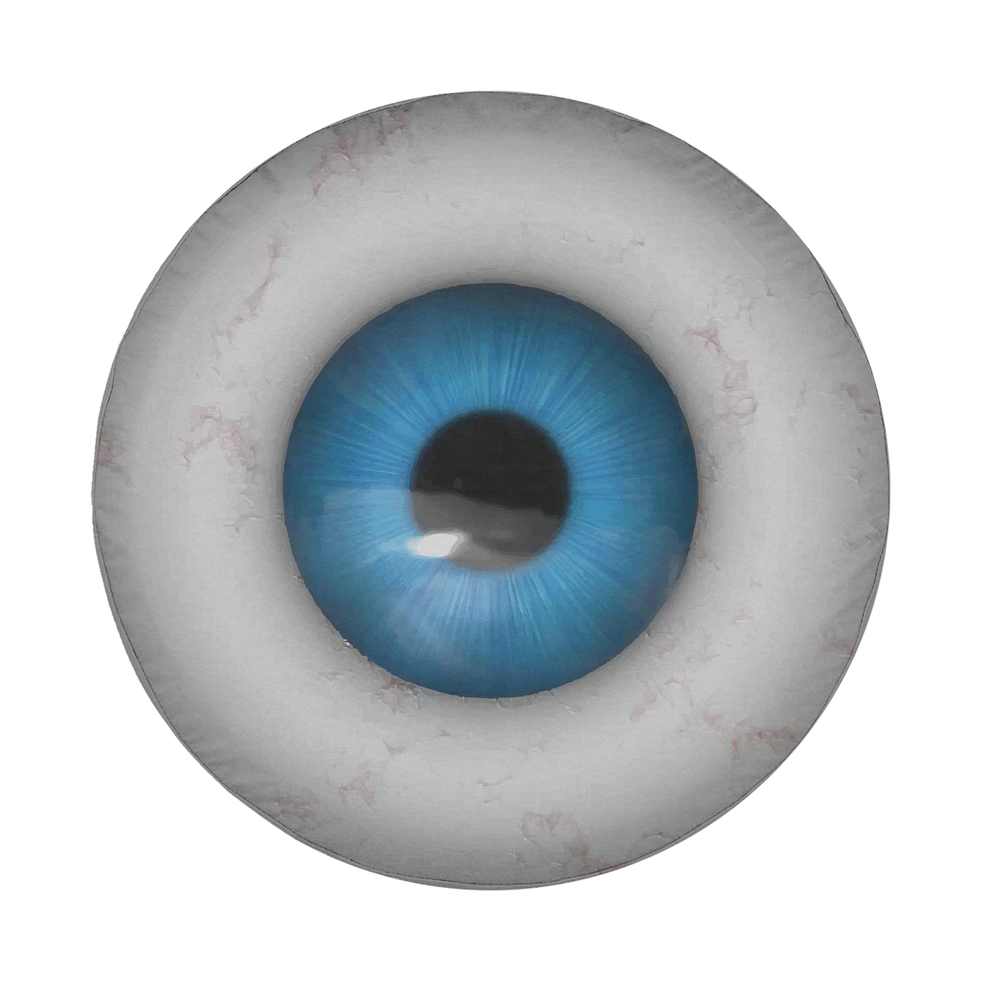 A close-up view of a blue eye with a white pupil, set against a white background.