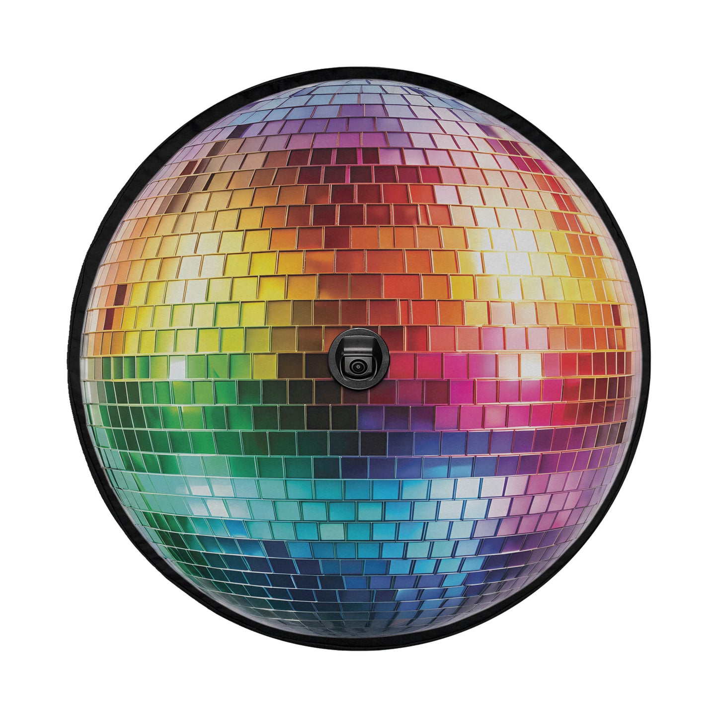 A colorful, circular disco ball with a black camera lens in the center.