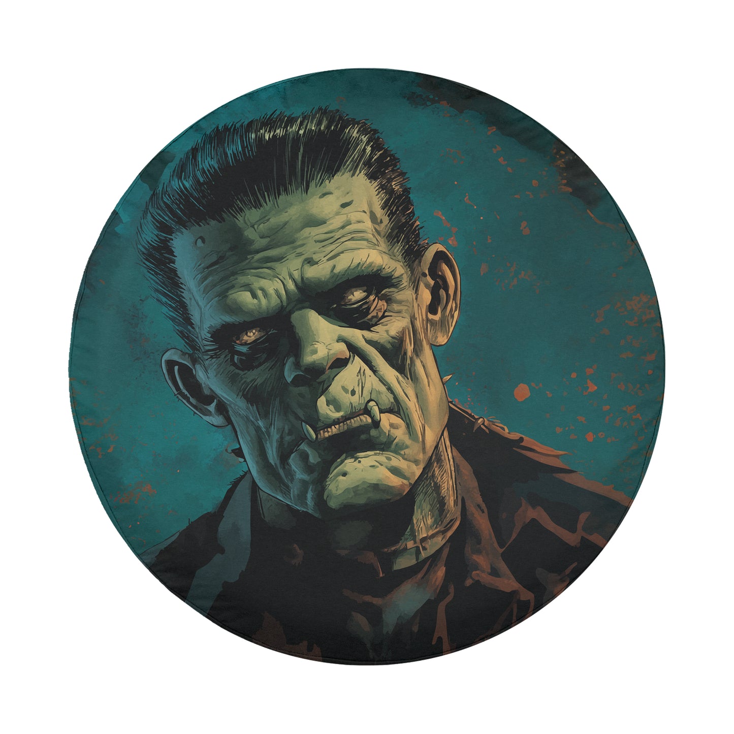 A close-up portrait of a menacing-looking green monster with a stern expression, set against a dark blue background with splatters.