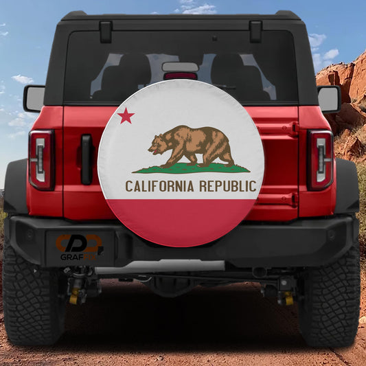 a red Jeep Wrangler with a California Republic flag decal on the rear window.