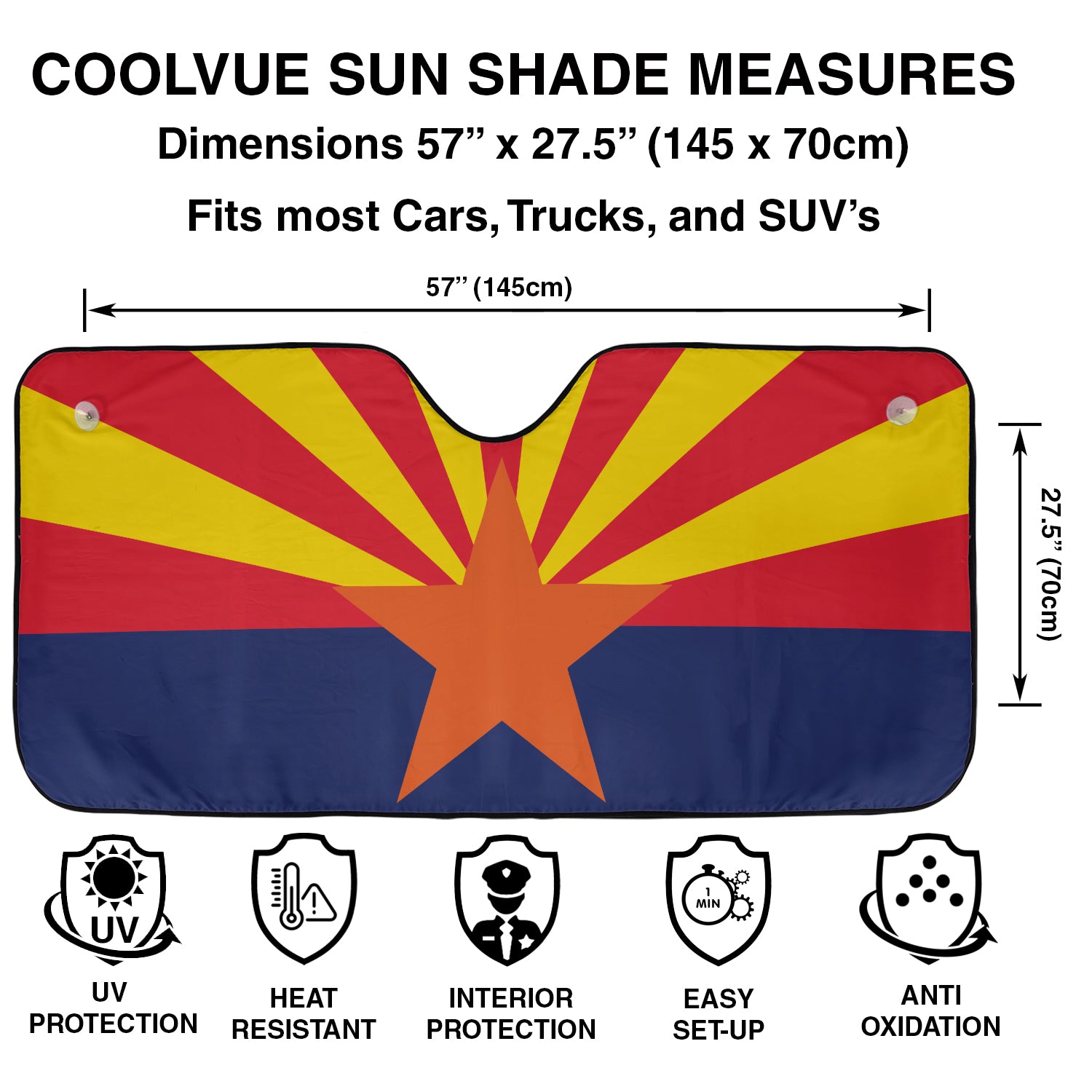 a car sun shade with the flag of the state of arizona
